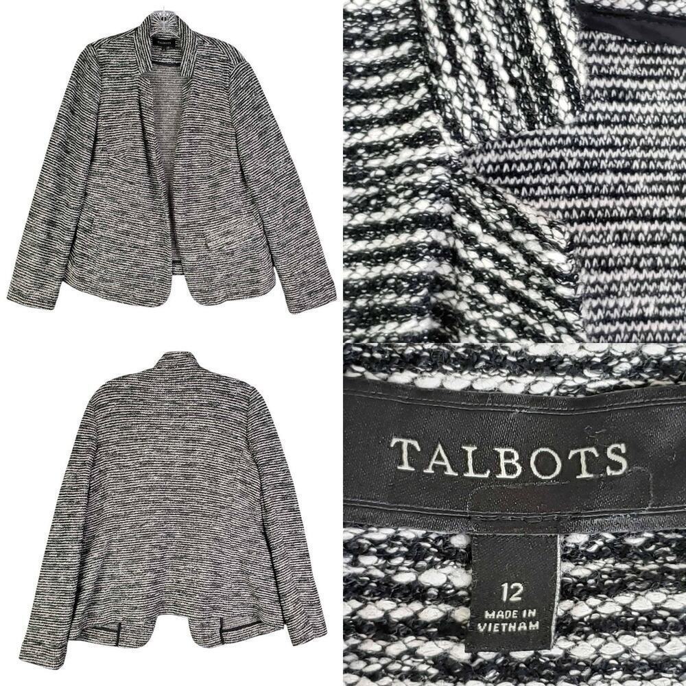 Talbots Blazer Women's Size 12 Black White Tweed LS Open Jacket Cotton